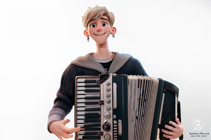 20-year-old boy, white with light hair, dark brown eyes, very smiling, cheerful, is a musician, plays accordions, a great musician, very stylish, wears a silver earring in both ears, is a singer, also with an ear microphone, is an artist