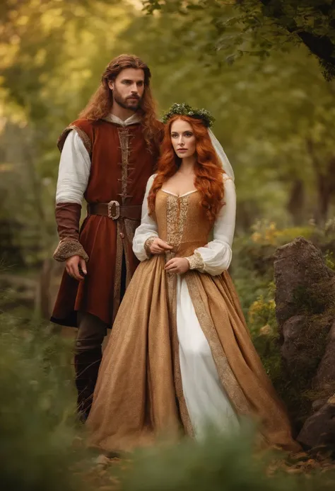 Um homem castanho claro e uma mulher ruiva vestida com roupas medievais posando para uma pintura, como um personagem de fantasia medieval, em um jardim