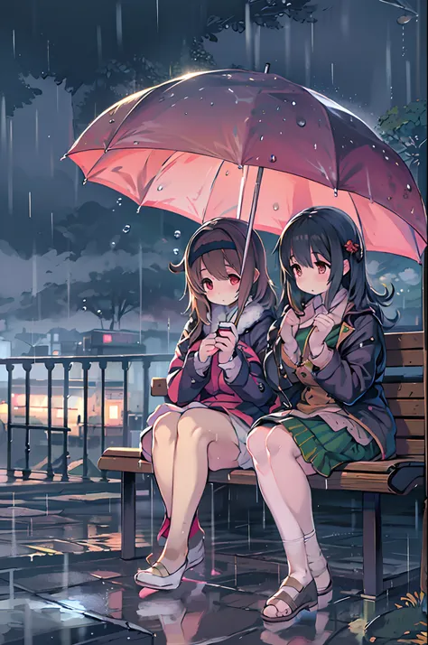 Two girls,under the rain、Anime characters sitting on a bench under an umbrella, Sateen!, Sateen!!, Kantai Collection Style, Sateen!!!, after rain and no girl, kawacy, anime style 4 k, In the rain, Its raining outside, anime moe art style, under rain, Cute ...