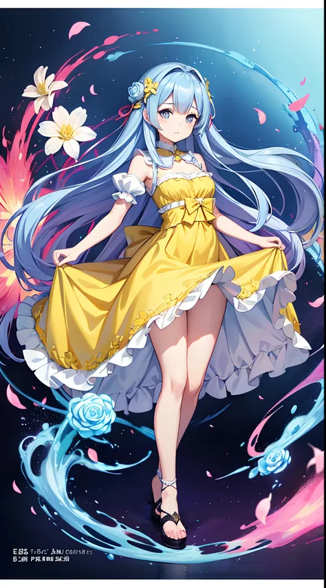 Anime girl in yellow dress with flowers, Light blue long hair、Twin-tailed、Cute anime waifu in a nice dress, loli in dress, rem rezero, offcial art, Anime princess, Lori, beatrice blue, zerochan art, royal elegant pose, official artwork, splash art anime lo...