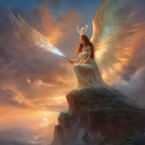 ((best quality)), ((masterpiece)), (detailed), alluring succubus, ethereal beauty, perched on a cloud, (fantasy illustration:1.3), enchanting gaze, captivating pose, delicate wings, otherworldly charm, mystical sky, (Luis Royo:1.2), (Yoshitaka Amano:1.1), ...