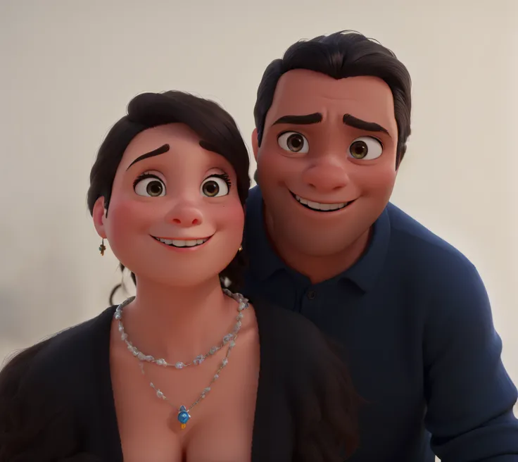 Obra-prima ao estilo Disney/Pixar in high quality and high resolution. A mulher na frente tem cabelo preto e ple branca e o homem tem cabelo preto.