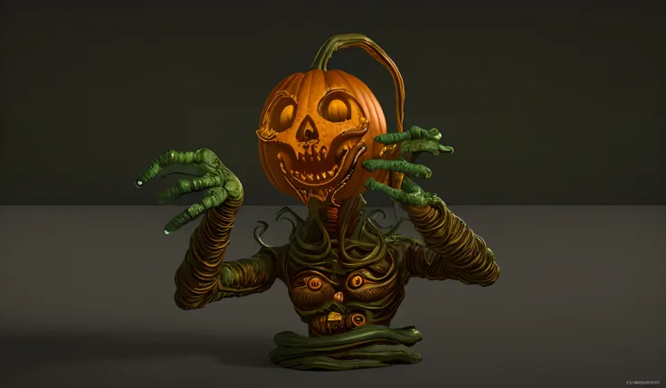 Creepy-looking creature with outstretched arms Pumpkin head with green appendage on its head, Bust of the creature, Rendered in Zbrush, Horror!! Highly detailed, nightmare render, eldritch, A highly detailed;, Mummy with a pumpkin on his head, Volumetric l...