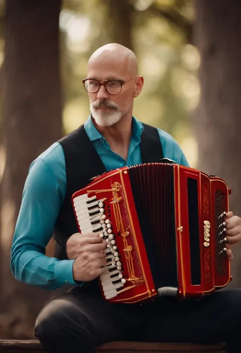 A tall bald white man with a goatee only on his chin playing a Disney Pixar-style accordion