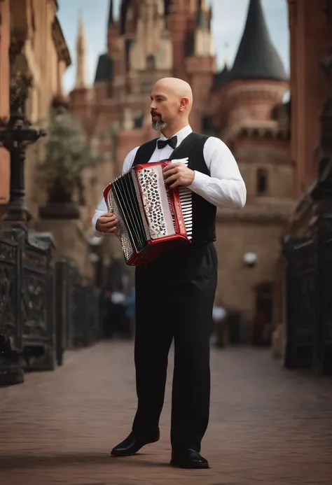 A tall bald white man with a goatee only on his chin playing a Disney Pixar-style accordion