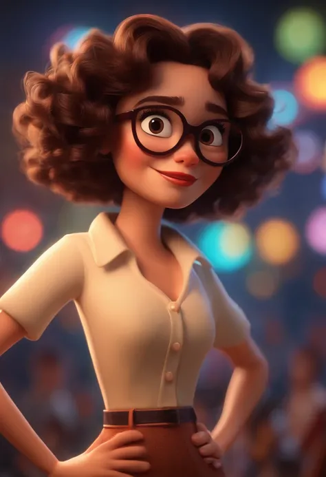 Pixar style image with 3D character white glasses brunette woman short curly hair dancing, Maquiagem Disney,Pescador, bonitinho, sorridente ,Close-up, Pixar, Disney, Cinema lighting,