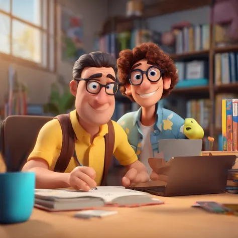 Crie um cartaz inspirado na Disney Pixar com o personagem sendo o personagem Um homem jovem de cabelo raspado, Wearing glasses in an office with a laptop, a black head, An aluminum water bottle and books on the table