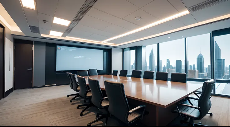 A busy business meeting with executives in a modern conference room, making important decisions and discussing strategies, surrounded by state-of-the-art technology and high-tech equipment. The room is filled with natural light coming through floor-to-ceil...