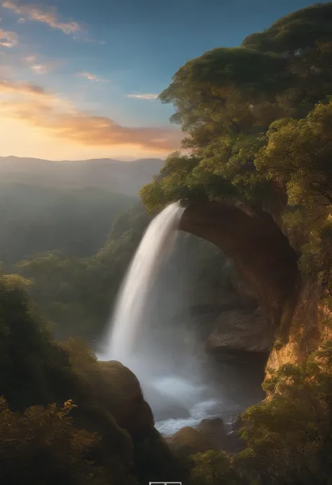 um penhasco com vista para uma cachoeira, several arch-shaped stones at the top, Pintura fosca 8k, pintura fosca 8K, papel de parede vertical 8K, papel de parede vertical 8K, papel de parede vertical 4K, papel de parede vertical 4K, Lost series, realistic ...