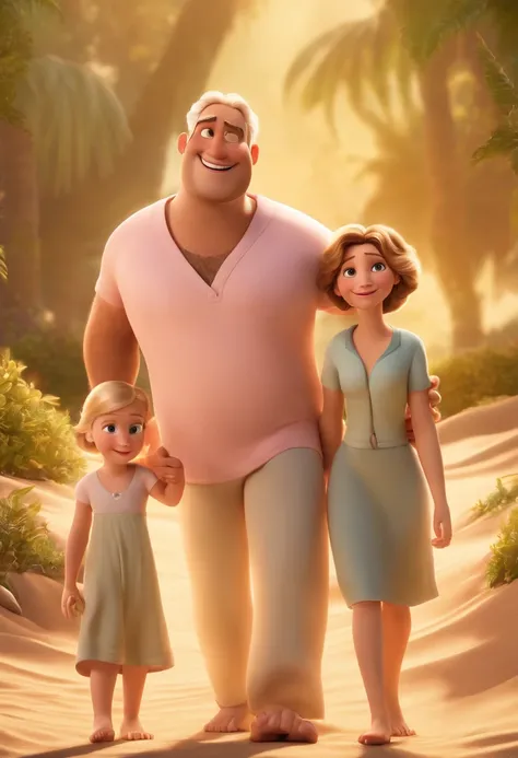 a Disney Pixar movie poster showing a white-skinned family. The father is the tallest, Um pouco malto, Tem barba curta, portanto, bald head. Mommy has light gray eyes and blond hair, at the height of the back and is slightly shorter than the father. The gi...