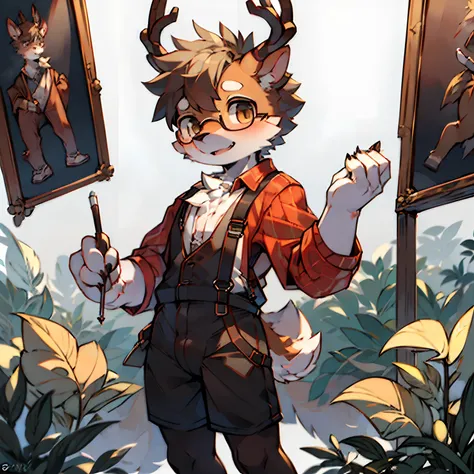 1 male deer man，Anthropomorphic stag，Teenage uncensored，20yr old，Short antlers，Wearing round glasses，Full body like，painter，Suspenders，Hold a palette and brush in hand，HD clarity，intricately details，tmasterpiece，8K，in a panoramic view，full bodyesbian