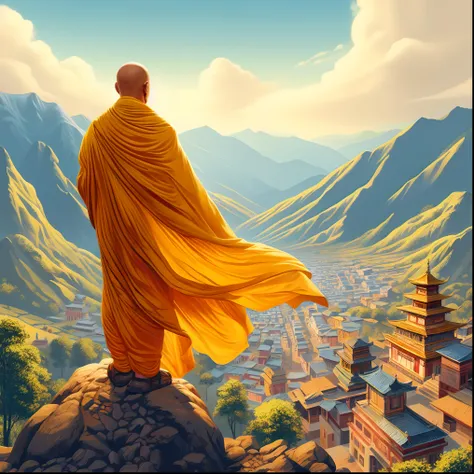 arafed monk overlooking a mountain village with a pagoda in the distance, 2 1 st century monk, monk, monk meditate, buddhist monk, concept art of a monk, buddhist monk meditating, buddhism, by RHADS, monks robe, on path to enlightenment, portrait of monk, ...