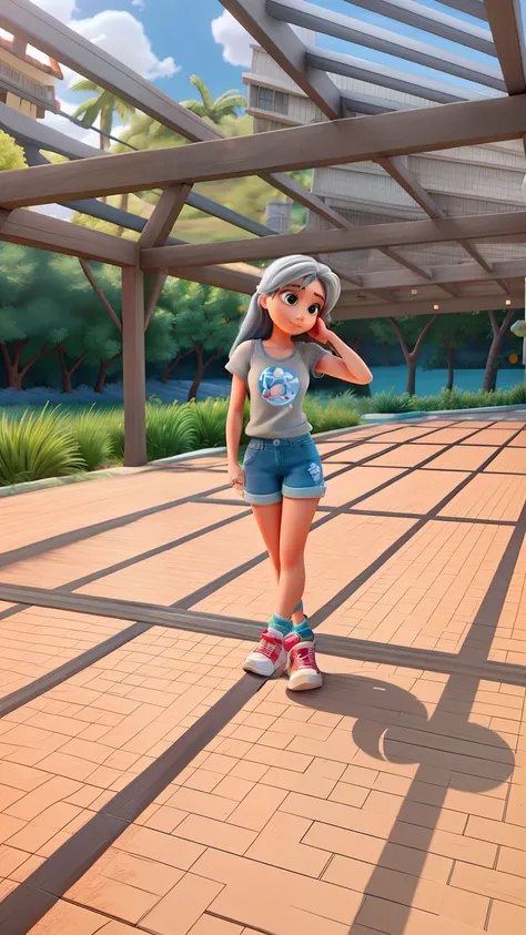 Recriar foto Disney Pixar Alta qualidade . Woman with one hand on her head, cabelos loiro , in denim shorts and sneakers with gray tank top