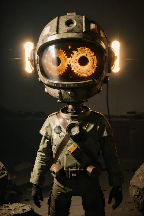 A Modern flat toon Crazy whit a Big ONE a Only Eye Robot CCCP Soviet, and helmet Style, tongs in hands, Tv head, pinhead,    camouflage Yellow White Pink Rusty,  Ambient in a meteorite crater super detailed, center, beautiful,  soft lighting, focused on th...