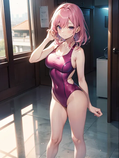 The ultra -The high-definition、high-level image quality、top-quality、Full feet and hands、complete fingers、Beautuful Women、1 persons、pinkhair、ssmile、Pink swimsuit、Niō Standing、Arms crossed