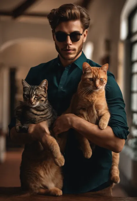 Homem moreno com oculos com canelo ondulado preto com camisa xadrez e com 6 gatos