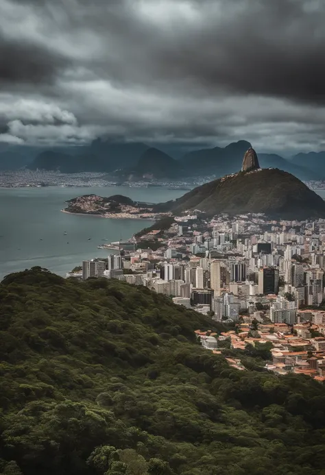 Saveiro g3 prata rebaixada no deserto do saara com uma montanha de fundo, no fundo da imagem o cristo redentor do rio de janeiro. dia chuvoso, nuvens, raios.