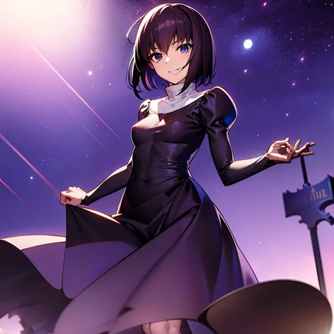 (Best Quality), (masutepiece),Highly detailed, 1girl in,alicekuonji , Standing cross-legged, Beautiful eyes , Hold back laughter, { Night sky with stars} Background,