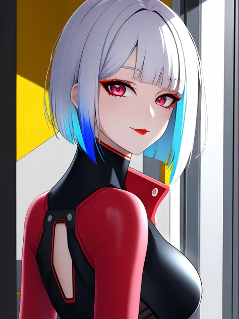 1girl, lucy (cyberpunk), solo, looking at viewer, cyberpunk, short hair, yellow background, smile, bare shoulders, red eyeliner, makeup, red lips, looking back, parted bangs, upper body, cyborg, multicolored eyes, bodysuit, closed mouth, white hair ,cyberp...