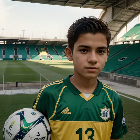 Um menino de 13 anos, branco, olhos verdes, loiro, uniforme amarelo de goleiro, luvas de goleiro, num campo de futebol, perto da trave de futebol, chutando a bola de futebol