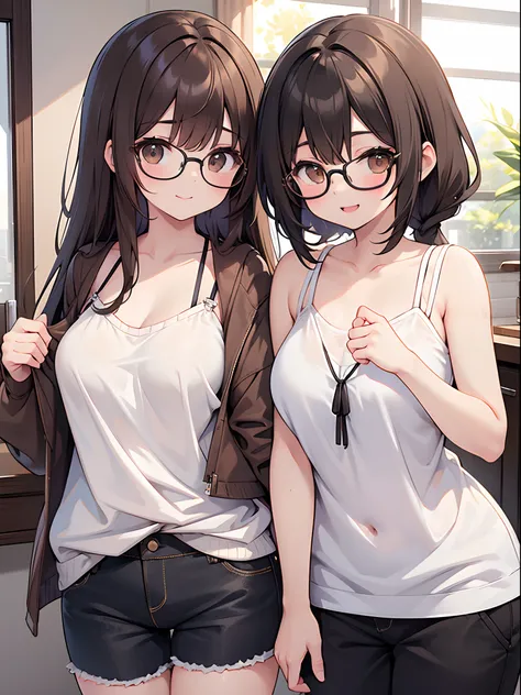 1 female、brown haired、Brown eyes、Black-rimmed glasses、seductive boobs、gorgeous faces、Perfect body。Best Quality、ultra-detailliert、8K resolution、Raw photo、masutepiece。a smile。camisole、shortpants。