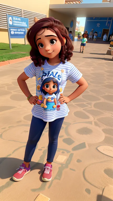 Uma menina com cabelos cacheados castanho, com camiseta da mirabel do encanto, iluminado pela luz do sol, contra o pano de fundo de um castelo da disney