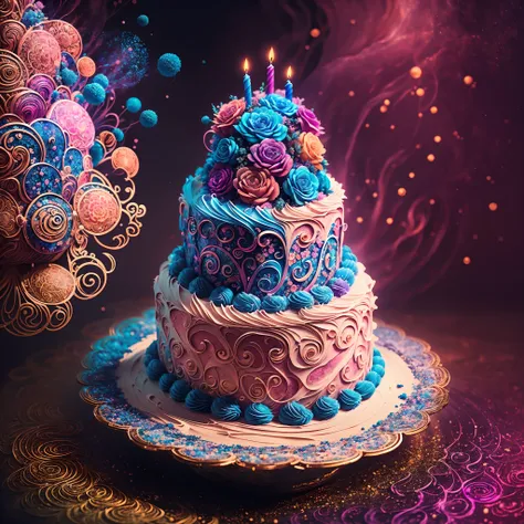 (The birthday cake),Riff style， (masutepiece, top-quality, Best quality, offcial art, Beautiful and aesthetic:1.2), (rosette:1.3), Extremely detailed,(Fractal art:1.1),(Colorful:1.1)(Flowers:1.3),highest details,(zentangle:1.2), (abstract backgrounds:1.3),...