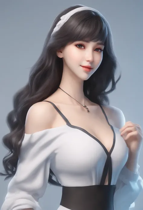 alta qualidade, 4k, no quadro, Close Up retrato da mulher do cabelo preto na camisa branca e saia azul clara, photorealistic anime girl rendering, bonito 3d anime render menina, April Rendering, anime vtuber modelo de corpo inteiro, Xianxia de corpo inteir...