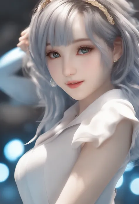 alta qualidade, 4k, no quadro, Close Up retrato da mulher do cabelo preto na camisa branca e saia azul clara, photorealistic anime girl rendering, bonito 3d anime render menina, April Rendering, anime vtuber modelo de corpo inteiro, Xianxia de corpo inteir...