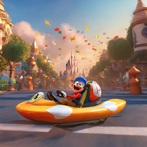 "Make a Disney Pixar-style picture, em 3d" Um piloto de kart, em um kart azul, capacete