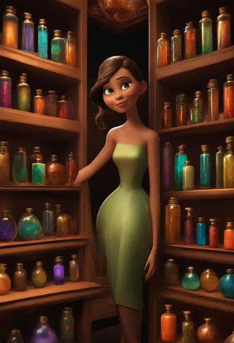 A collector of ideas inspired by Pixar animation, de perto. She is surrounded by a collection of magic vials, each containing a unique idea. The focus is on the character, with a captivating facial expression, Against a backdrop of shimmering, cores eferve...