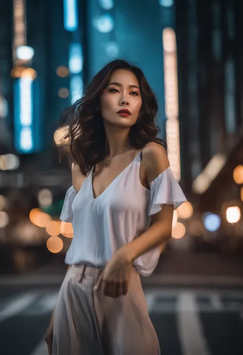 A beautiful young Korean woman with loose hair, Sehr sexy gekleidet, Posieren und in die Kamera schauen, with a cyberpunk street of Gangnam in the background. (the best quality,4K,8K,High resolutions,Meisterwerk:1.2), Ultra-detailliert, (Realist,fotorealis...