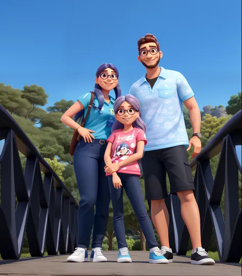 mulher cabelos pretos sorridente e oculos escuros. Menina cabelos castanhos sorrindo. Homem com barba uniforme oculos escuros sorridente. Disney pixar