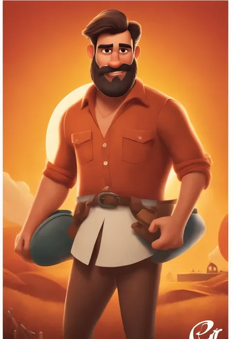 Create a Pixar Poster of a 27-Year-Old Man, rosto meio arredondado "cabelo castanho escuro estilo corte do jaca" barba curta estilo cavanhaque "sem costeletas "