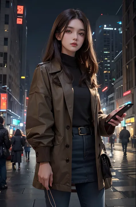 Beautiful woman. Detailed drawing of the face. masterpiece. Dark brown hair. Women are wearing modern clothing. In one hand, he holds a device that looks like a flashlight. She is standing in the middle of the city at night. An uninhabited city.