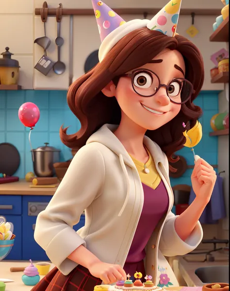 Create a Disney-style poster featuring a 36-year-old female character, Behind the cocked glasses, para mulheres, cabelos cor ruivo na altura do ombro cacheado, sorriso feliz. Roupa de confeiteira. Holding a small birthday cake in a kitchen