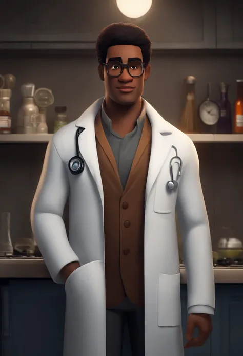 Create a pixar-style character inside a lab coat. Personagem negro rosto longo e fino, cabelos curto preto olhos pretos, usando jaleco