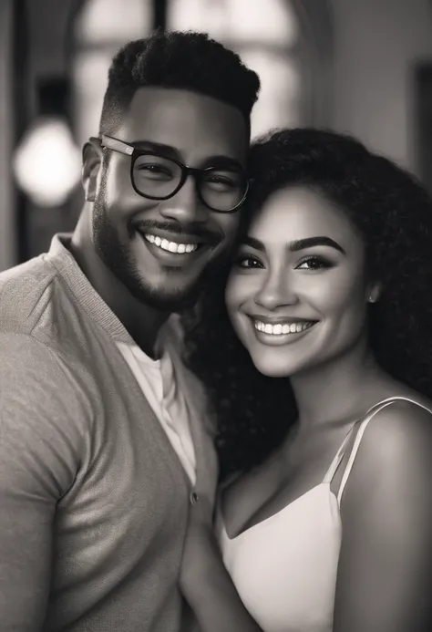 An illustration of an adorable couple, Highlight for a chubby mulatto man with glasses smiling and a brunette woman with beautiful expressive eyes - the mans skin is mulatto and the mans hair haswhile the womans skin is black and the womans hair is straigh...