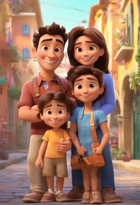 Estilo Pixar: Familia, A brunette father with short dark brown hair and a strong physique with a blown left ear like a fighter, Fair-skinned mother with long light brown hair and dress and twin girls . Uma menina de 2 anos com o cabelo na cor castanho clar...