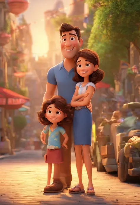 Estilo Pixar: Familia, A brunette father with short dark brown hair and a strong physique with a blown left ear like a fighter, Fair-skinned mother with long light brown hair and dress and twin girls . Uma menina de 2 anos com o cabelo na cor castanho clar...