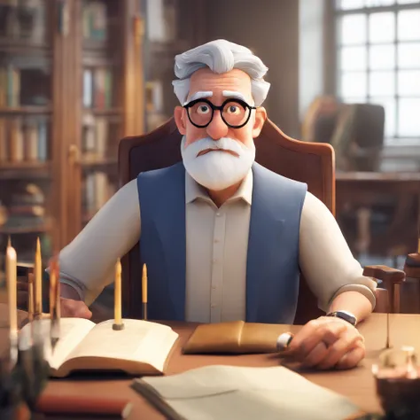 Crie um cartaz inspirado na Disney Pixar com o personagem sendo o pastor Rubens Janier, A gray-haired man wearing glasses, in an office with a Bible on the table, Looking forward and serious