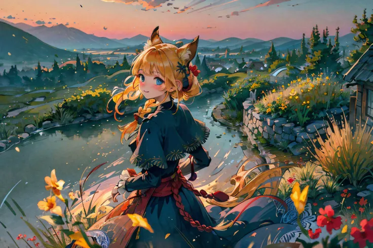 top-quality, ​masterpiece, ighly detailed, Detailed fantasy backgrounds, 1girl in, the witch、独奏, Yellow hair, blue eyess, Braids, length hair, hair wavy, fluffy hair, poneyTail, french braids, red blush, A smile, Capelet, lace-trim, Bodice, evening, landsc...