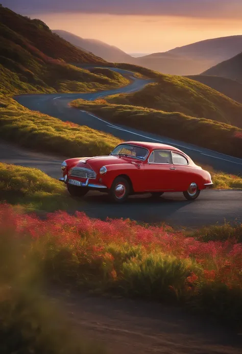 Homem 35 anos magro, alto, com oculos escuros, encostado no seu carro, em uma estrada no alto de uma montanha, olhando o horizonte com um mar ao fundo no estilo disney/pixar