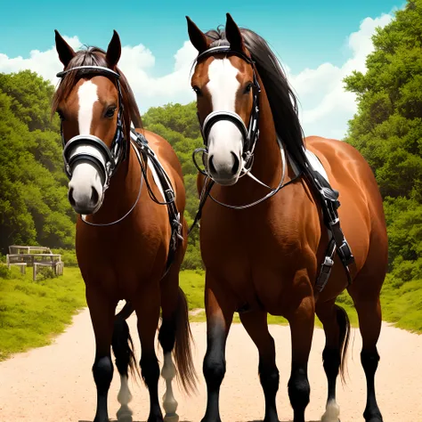 Horse trotting bay with black mane and white list up to the mouth and nostril on the right and two balzanes on the hind legs with on her back pretty blonde woman with long hair with brown eyes and round head in a pixar poster depicting nature with title "J...