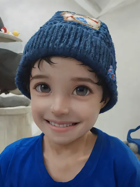 Arafed boy wearing a blue shirt and a blue hat, large eyes and menacing smile, Diego 5, happily smiling at the camera, wearing a silly hat, wearing a cute hat, menino com rosto neutro, its wearing a cute little hat, Reyyan, pequeno sorriso largo, pequeno s...