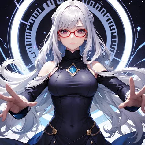 (((One lady))),(Fill transparent),closes mouth,Woman with glasses and blue turtleneck top, [[[[grinning evily]]]], cute slightly nerdy smile, (hightquality), silber hair,(Red Eye),Gapmoe Yandere, Silver-haired woman, portrait gapmoe yandere grimdark,The sc...