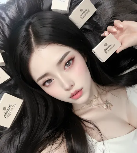 There is a woman with long black hair lying on a skin, maquiagem coreana popular, maquiagem sul-coreana popular, Ulzzang, pale porcelain white skin, pale snow white skin, dilraba dilmurat, pale ivory skin, clear lips and high quality, porcelana pele branca...