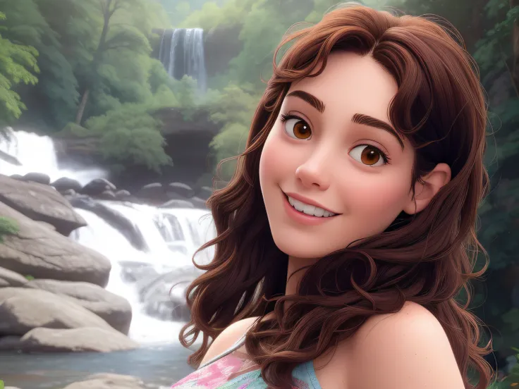 Pixar style: woman, long dark brown curly hair, smiling, nature, waterfall in the background