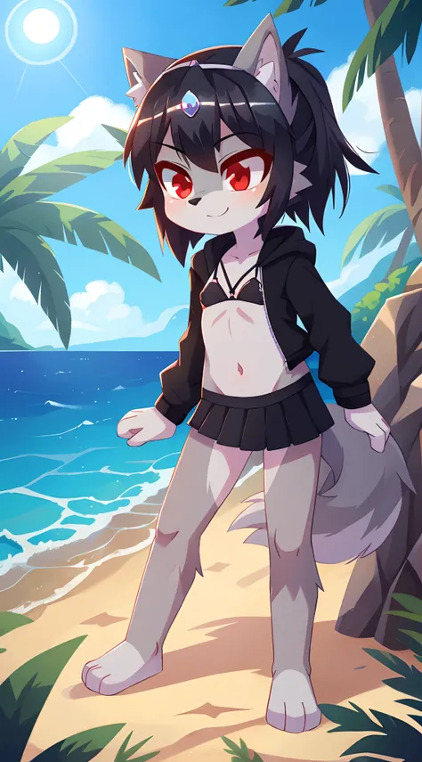 furry girl, young, wolf, black hair, emo shag hairstyle, long spiky ponytail, anime style, small breasts, red eyes, black hoodie jacket, open clothes, black bikini, black skirt, princess tiara, beach, clear sky, high quality, detailed body, detailed eyes, ...