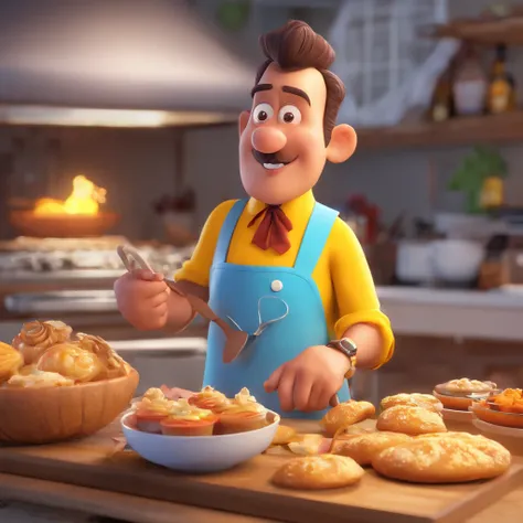 Crie uma cena de desenho animado  estilo 3d -Pixar, Onde um homem, de cabelos curtos pretos com 35 anos de idade, hes cooking dressed as a pastry chef. Delicioso pudim caramelo